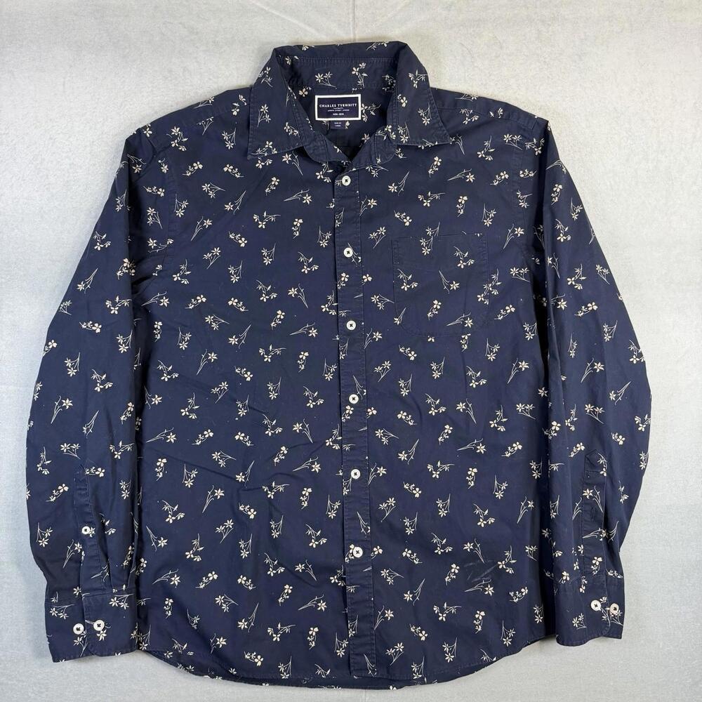 Charles Tyrwhitt Dress Shirt Mens Large Navy Floral Printed Slim Fit Non Iron